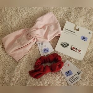 Lululemon Pink Heandband, Red Scrunchie With Bow Detail, Collectable Pins Bundle